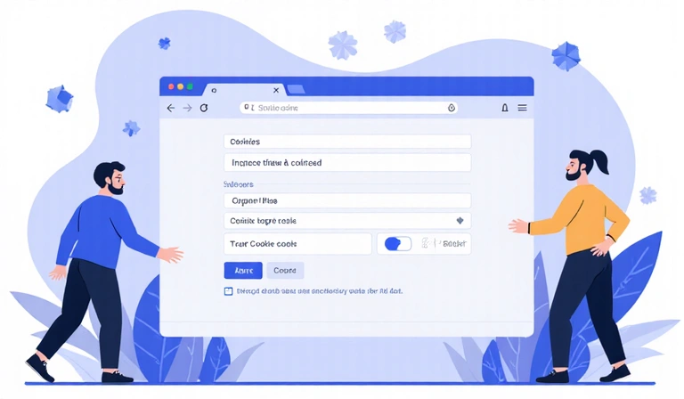 Illustrazione di un utente che gestisce le impostazioni dei cookie nel browser con icone di privacy e controllo