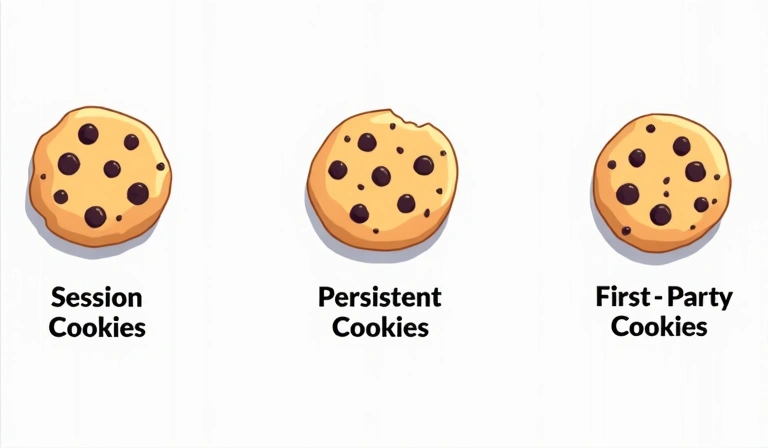Illustrazione di diversi tipi di cookie digitali che rappresentano sessione, persistenti, di prima e terza parte